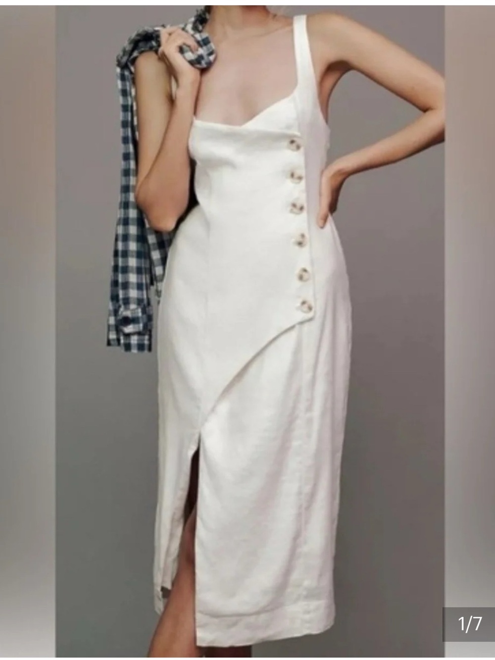 Anthropologie Midi Dress Ivory Sleeveless Linen Button Wrap Preppy XL NEW